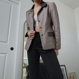Brown Houndstooth Leather Collar Blazer Jacket